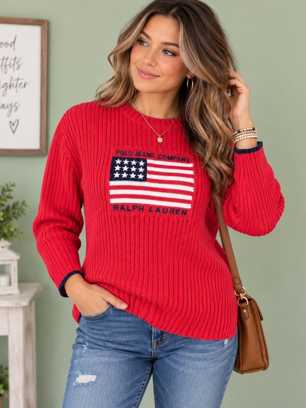 Y2K Polo Jeans Co Ralph Lauren XL Red American Flag Cotton Ribbed Sweater